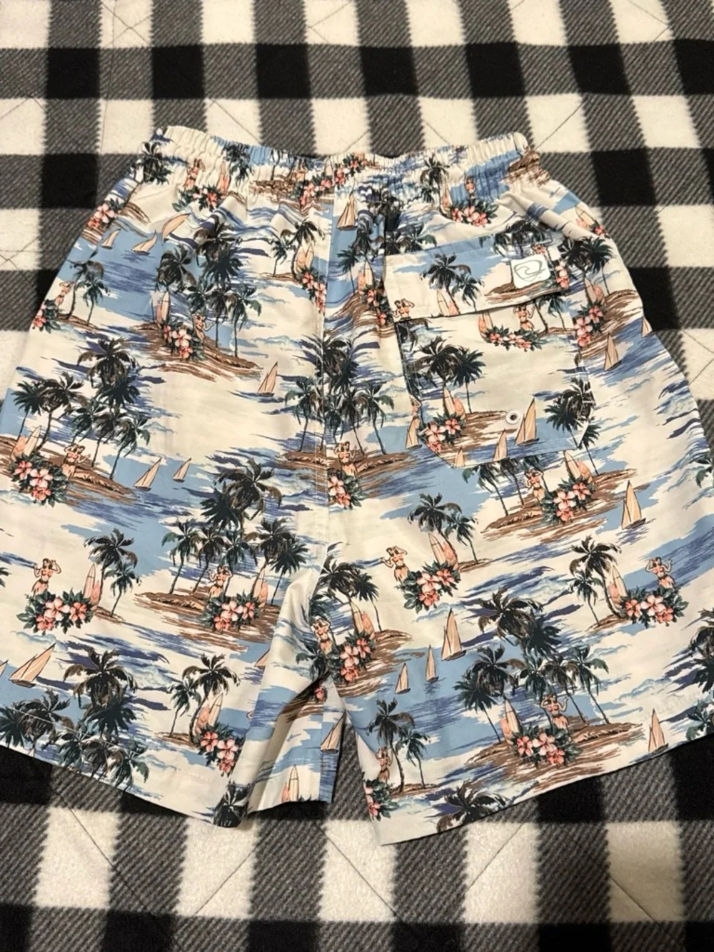 Men's Tropical Print Swim Trunks in Light Blue and White